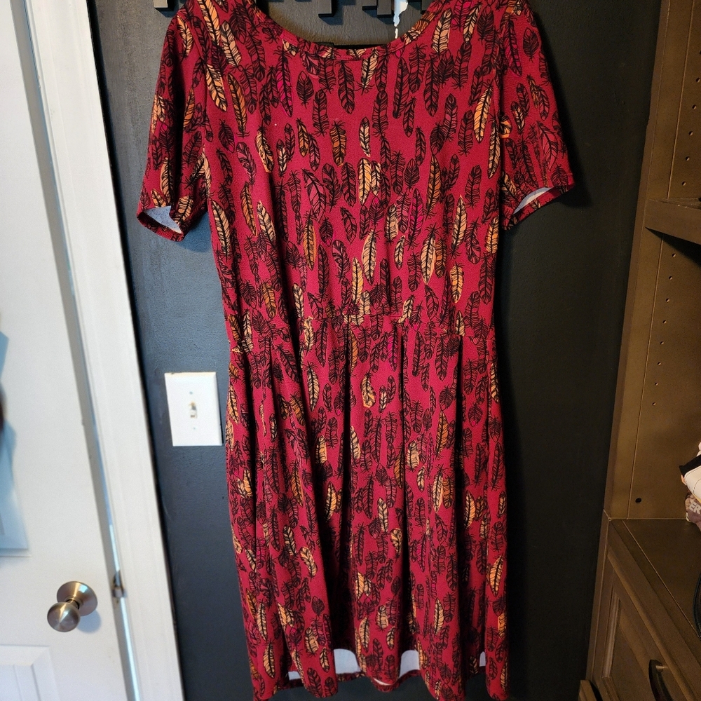 Red Feather Print Lularoe Amelia A Line Dress